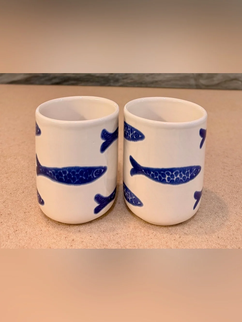 Blue Fish Ceramic Coffee Mugs Tea Cups White & Blue CMG Portugal Tall - Set of 2
